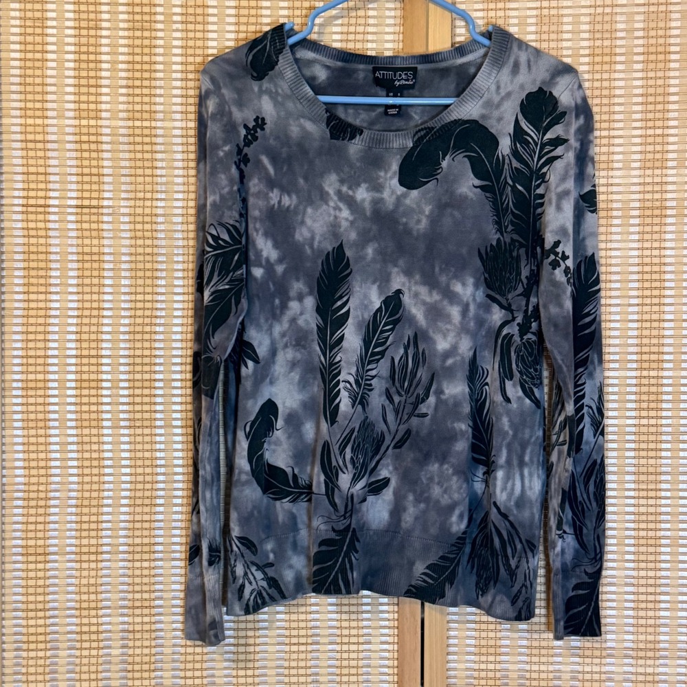 Attitudes by Renee Womens Grey Tie Dye Feather Print Sweater Size Small US